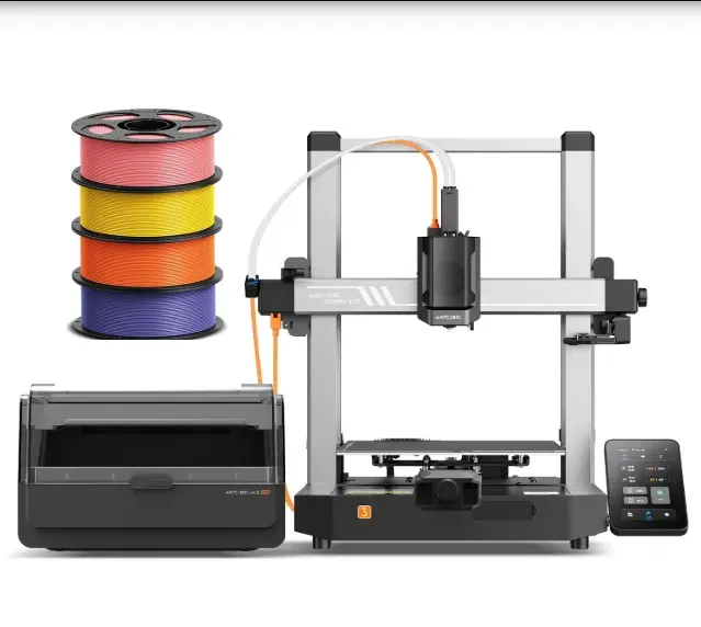 Caixa ACE Pro com quatro rolos de filamento ligada à Anycubic Kobra 3 V2