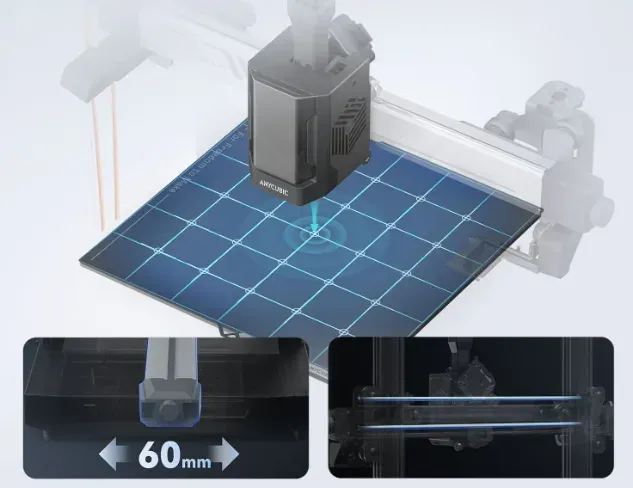 Mesa da Anycubic Kobra 3 V2 com a malha de nivelamento LeviQ 3.0 desenhada e o eixo Y de 60 mm em destaque