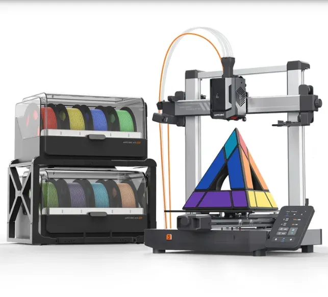 Dois ACE Pro empilhados com oito rolos de filamento ao lado da Anycubic Kobra 3 V2 Combo
