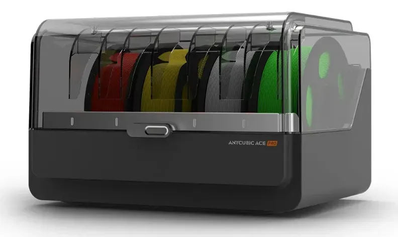 Módulo ACE Pro da Anycubic Kobra S1 Combo aberto, com quatro rolos de filamento dentro do compartimento vedado