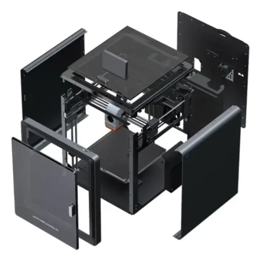 Vista explodida da Anycubic Kobra S1 Combo com os painéis laterais, a porta e a tampa separados do chassi