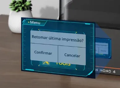 Tela da Photon Mono 4 perguntando se deve retomar a última impressão, com as opções confirmar e cancelar