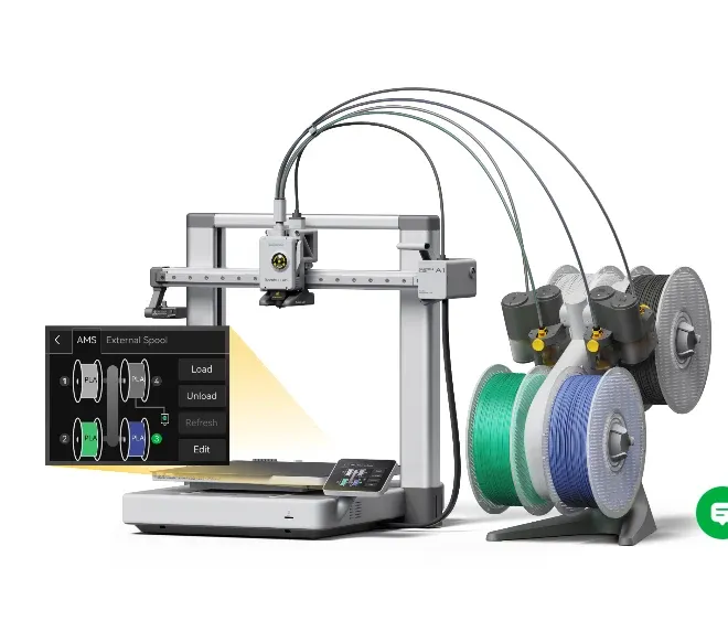 Carga do filamento numa impressora 3D FDM, com o fio plástico entrando pelo tubo e a tela da máquina mostrando o processo