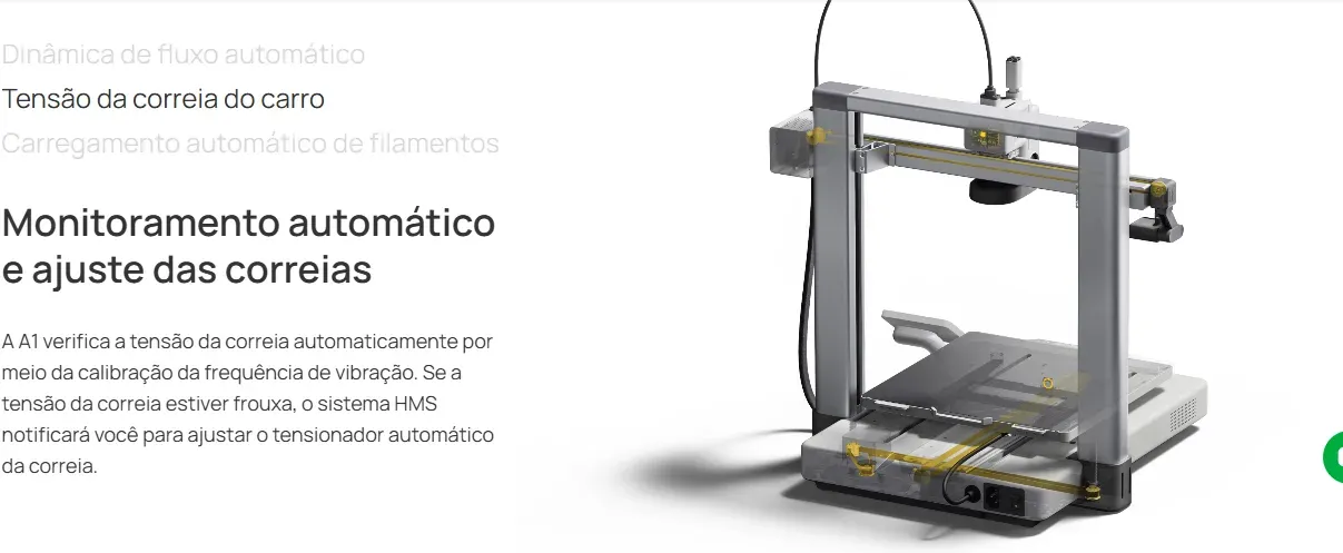Estrutura interna de uma impressora 3D em vista transparente, mostrando o caminho das correias que movem o bico