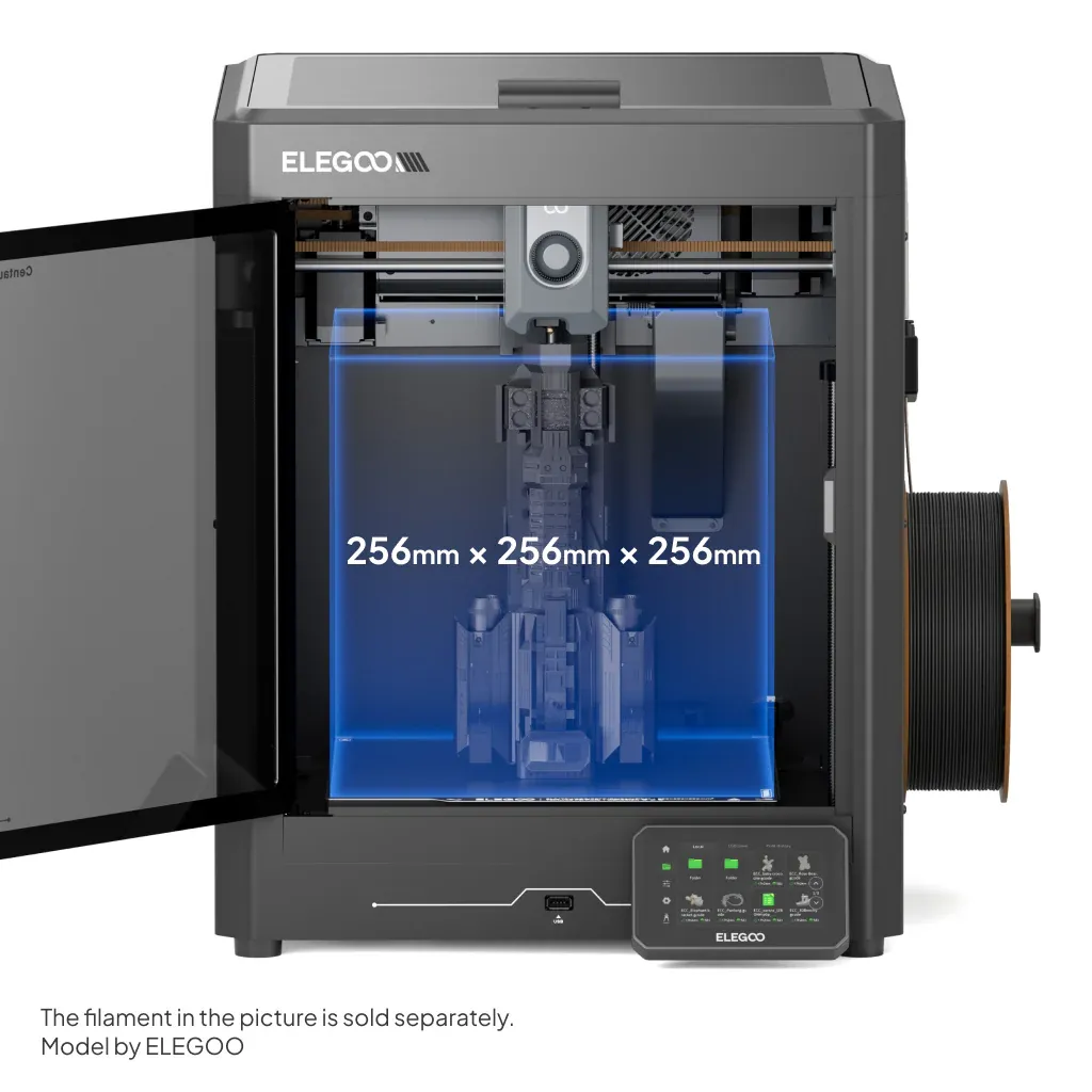 Interior da impressora 3D Elegoo Centauri Carbon, com a mesa de impressão e o cabeçote dentro da câmara fechada