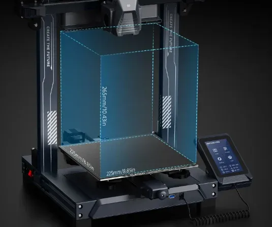 Volume de impressão da Elegoo Neptune 4 Pro, com o cubo de 225 x 225 x 265 mm marcado dentro do pórtico